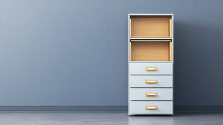 A sleek and modern storage cabinet featuring open shelves and drawers, perfect for organizing any contemporary room while enhancing its aesthetic.の素材