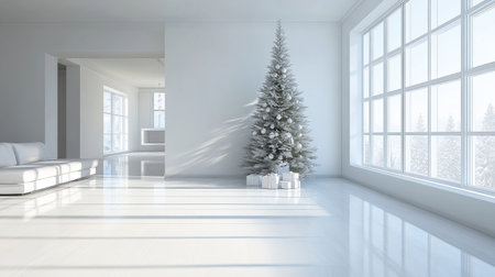 A serene winter interior featuring a beautifully decorated Christmas tree and neatly wrapped presents. The bright, minimalist space radiates warmth and elegance.の素材