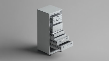 A modern office storage cabinet designed to enhance organization in any workspace. Featuring open drawers, this sleek white cabinet offers practical storage solutions.の素材