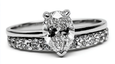 This stunning engagement ring features a pear-shaped diamond set on a polished band adorned with sparkling stones, showcasing elegance and romance.の素材