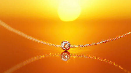 A stunning silver necklace featuring a sparkling diamond pendant beautifully caught in the warm glow of a vibrant sunset. The necklace's elegant design is reflected in the serene background, creating a captivating and tranquil atmosphere.の素材