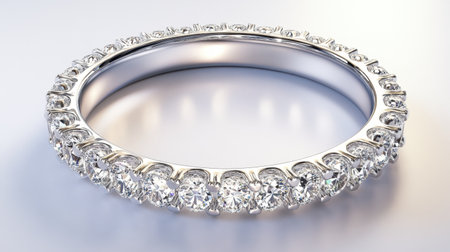 Stunning close-up of an elegant diamond eternity ring, showcasing brilliant cut stones set in a polished silver band. Perfect for engagements or special occasions.の素材