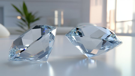 Two stunning clear diamonds positioned elegantly on a white surface, reflecting light beautifully against a blurred modern interior backdrop.の素材