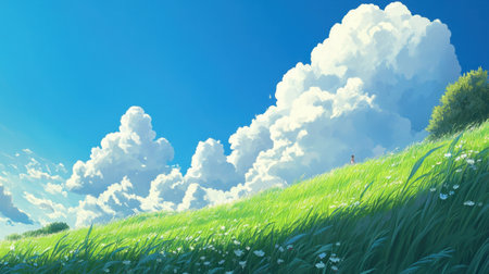 A picturesque landscape showcasing a vibrant green hillside under a bright blue sky filled with fluffy white clouds, creating a serene and peaceful atmosphere.の素材