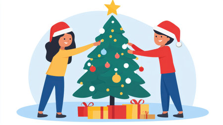 A joyful scene of two children decorating a Christmas tree together, surrounded by gifts. The festive atmosphere captures the essence of holiday spirit and family bonding.の素材