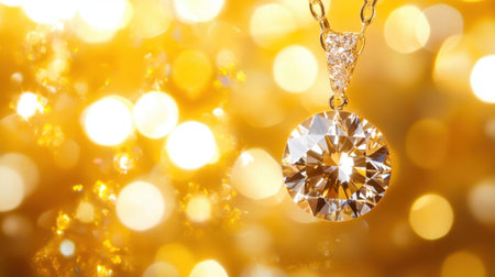 This image showcases a stunning diamond pendant hanging gracefully against a golden bokeh backdrop, highlighting luxury and elegance in jewelry design.の素材
