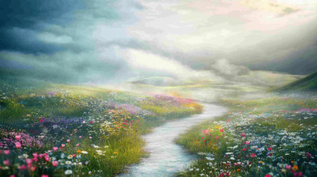 This serene landscape features a gentle stream winding through a lush meadow filled with vibrant wildflowers under a soft, cloudy sky, capturing the essence of nature's beauty.の素材