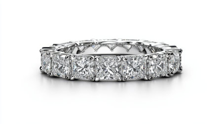 This striking diamond ring features square-cut stones aligned beautifully, embodying luxury and timeless elegance, perfect for showcasing love and commitment.の素材