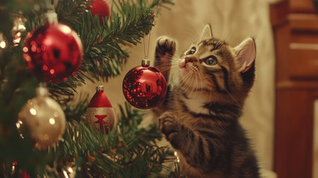 A charming kitten explores a Christmas tree, reaching for shiny ornaments in a cozy indoor setting, radiating warmth and joy of the holiday season.の素材