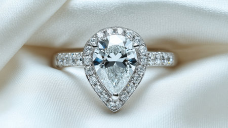 Stunning teardrop engagement ring featuring a large diamond surrounded by smaller diamonds, set on soft satin fabric, symbolizing elegance and luxury.の素材