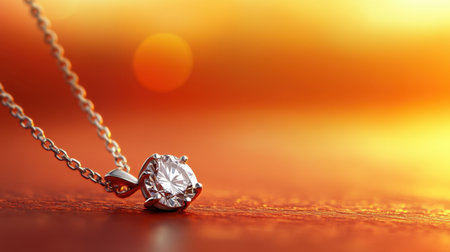 A close-up shot of a beautiful diamond pendant necklace on a delicate chain, illuminated by a warm sunset backdrop, highlighting its brilliance and elegance.の素材