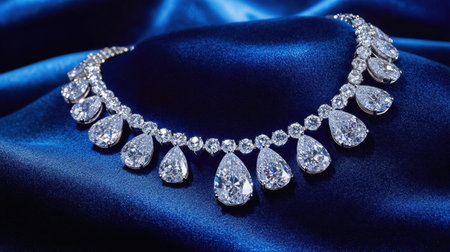 This stunning diamond necklace showcases an exquisite design with a brilliant shine, lying gracefully on a luxurious silk background, perfect for elegant occasions.の素材