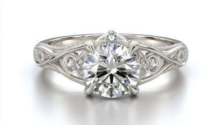 This elegant silver engagement ring features intricate detailing and a brilliant round diamond centerpiece, perfect for marking a special occasion.の素材