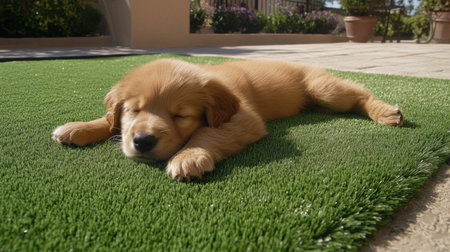 A charming golden retriever puppy peacefully sleeps on vibrant artificial grass under bright sunlight, embodying the joy and serenity of a perfect day outdoors.の素材