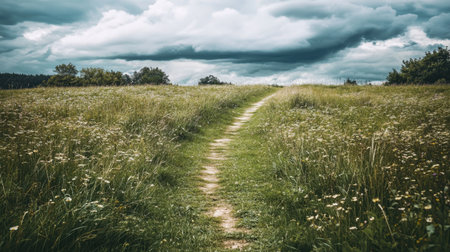 A tranquil pathway meanders through lush green grassland, adorned with wildflowers, set against a dramatic sky, creating a serene nature scene.の素材