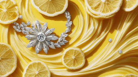 A stunning diamond necklace with intricate floral design lies amid fresh lemon slices on a bright yellow background, conveying luxury and freshness while highlighting elegance in fashion.の素材