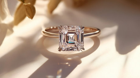 This stunning engagement ring features a large emerald cut diamond set in a delicate rose gold band, bathed in soft natural light for an enchanting effect.の素材