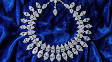A stunning diamond necklace adorns a luxurious blue satin background, showcasing an exquisite design that reflects light with breathtaking brilliance.の素材