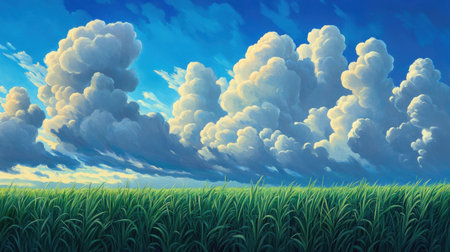 A vibrant scene featuring a lush green field under a dramatic sky filled with fluffy white clouds. Sunlight peeks through, highlighting the beauty of nature.の素材