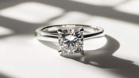 An exquisite solitaire diamond ring that showcases its stunning brilliance and clarity. The play of light and shadow creates a captivating bokeh effect, ideal for luxury-themed visuals.の素材