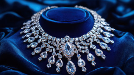 This stunning diamond necklace is beautifully displayed against a rich blue velvet backdrop, showcasing its intricate design and timeless elegance. Perfect for luxury promotions.の素材