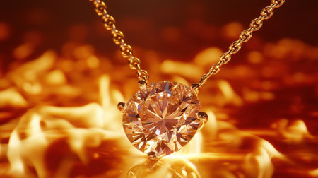 This stunning image features an elegant gold necklace adorned with a sparkling diamond, dramatically set against a fiery background that emphasizes luxury and glamour.の素材