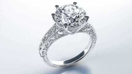 A stunning engagement ring featuring a large sparkling diamond set in an elegant silver band, showcasing intricate detailing and refined craftsmanship.の素材