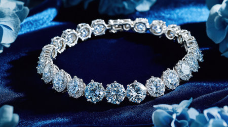 Stunning diamond bracelet displayed on opulent blue fabric surrounded by hydrangeas, capturing elegance and luxury in a refined jewelry presentation.の素材
