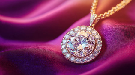 Stunning diamond pendant rests gracefully on a rich satin fabric, reflecting light and capturing elegance. Perfect for showcasing luxury and beauty.の素材