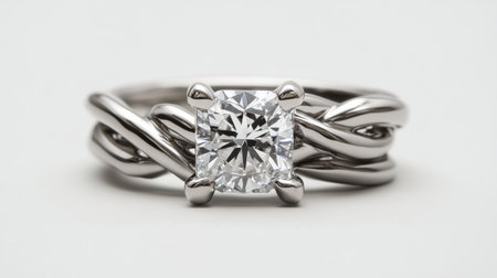 This image features an elegant diamond engagement ring with a unique twisted band design, showcasing the brilliance of the center gemstone in stunning detail.の素材