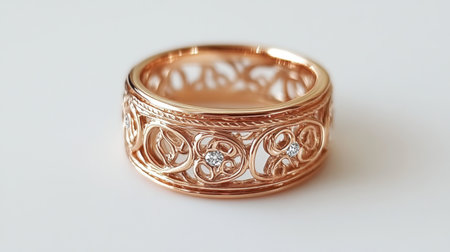This stunning rose gold ring features a delicate design with intricate patterns and small diamonds, making it a perfect piece for elegant occasions or personal style.の素材