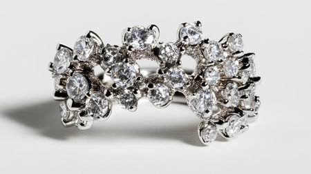 This exquisite silver ring features an intricate design embellished with sparkling gemstones, perfect for adding elegance to any jewelry collection or as a luxurious gift.の素材