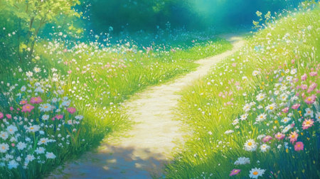 A picturesque meadow pathway meanders through a vibrant display of colorful wildflowers, bathed in gentle sunlight under a bright blue sky.の素材