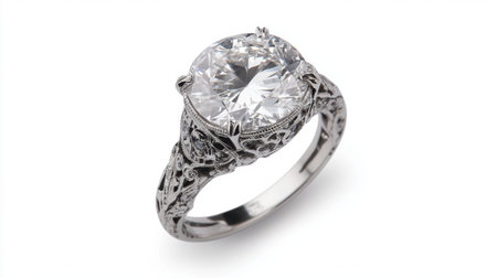 This exquisite vintage style engagement ring features a large round diamond set in intricately designed metalwork, perfect for romantic moments.の素材