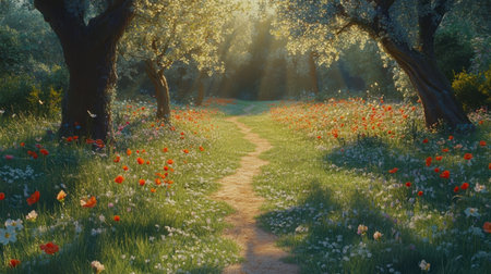 A tranquil scene featuring a winding pathway surrounded by blooming wildflowers and sunlit trees, inviting viewers to explore nature's beauty and serenity.の素材