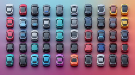 A striking overhead view featuring a diverse array of miniature toy cars, each showcasing unique colors and finishes against a gradient background, perfect for design projects.の素材