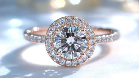 This stunning rose gold engagement ring features a brilliant diamond centerpiece surrounded by smaller sparkling diamonds, ideal for a romantic gift.の素材