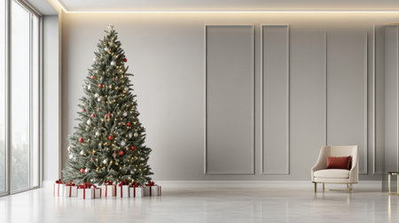 A serene and elegant living room featuring a beautifully decorated Christmas tree with gifts, creating a cozy and festive atmosphere perfect for holiday celebrations.の素材