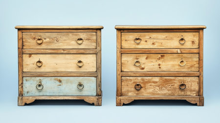 Two vintage wooden dressers displayed side by side, each showcasing a unique finish. Ideal for home decor enthusiasts or furniture designers seeking inspiration.の素材