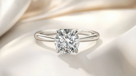 This stunning solitaire diamond ring rests on soft satin fabric, highlighting its exquisite design and sparkle, perfect for luxury jewelry enthusiasts.の素材
