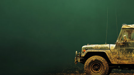 A rugged off-road vehicle sits in a natural setting, showcasing a muddy exterior that reflects adventure and exploration in the great outdoors.の素材