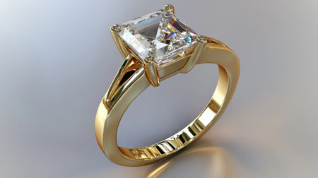 This stunning solitaire diamond ring features a square cut gemstone elegantly set in a polished gold band, representing timeless beauty and luxury.の素材