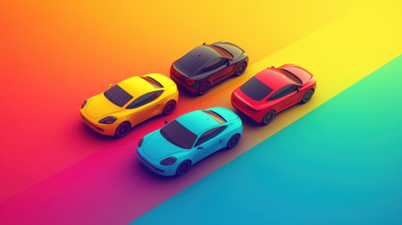 This image features a stunning arrangement of colorful sports cars on a vibrant gradient background. The artistic design showcases the sleek lines and dynamic forms of each vehicle, capturing the essence of speed and modern luxury.の素材