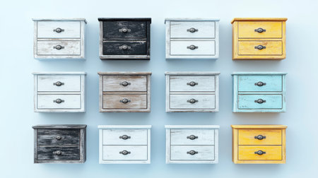 A captivating arrangement of assorted vintage-style drawers in various colors, showcasing unique designs and textures for home decor inspiration and styling ideas.の素材