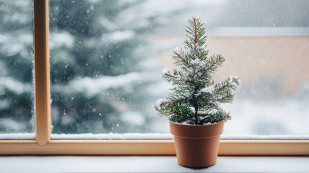 A charming small potted Christmas tree sits on a windowsill as snow gently falls outside, creating a serene and festive winter ambiance perfect for the holidays.の素材
