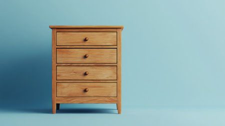 A wooden chest of drawers with four compartments stands against a soft blue background, showcasing a minimalist design ideal for stylish interior spaces.の素材