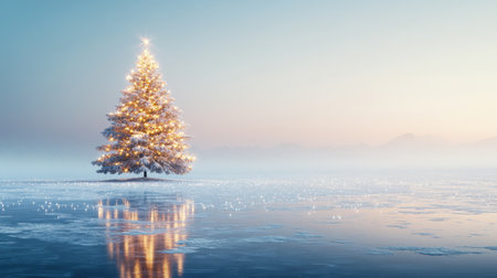A stunning Christmas tree adorned with lights stands alone in a snowy landscape at dawn. The tree's reflection shimmers on the icy surface, creating a serene atmosphere.の素材