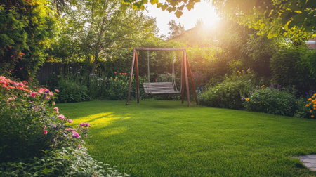 A peaceful garden landscape featuring a rustic swing set surrounded by lush greenery, blooming flowers, and golden sunlight creating a serene ambiance.の素材