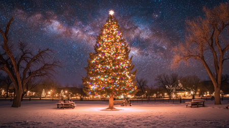 A stunning Christmas tree adorned with colorful lights stands proudly amidst a serene winter landscape under a breathtaking starry sky filled with galaxies.の素材