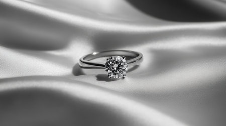 A stunning diamond ring elegantly rests on smooth, shimmering fabric, showcasing its brilliance and luxury. Ideal for romance and jewelry themes.の素材